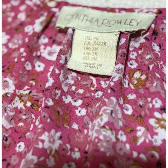 Cynthia Rowley 2X Pink Floral Print Button Front V Neck Short Sleeve Top Blouse - Picture 4 of 6